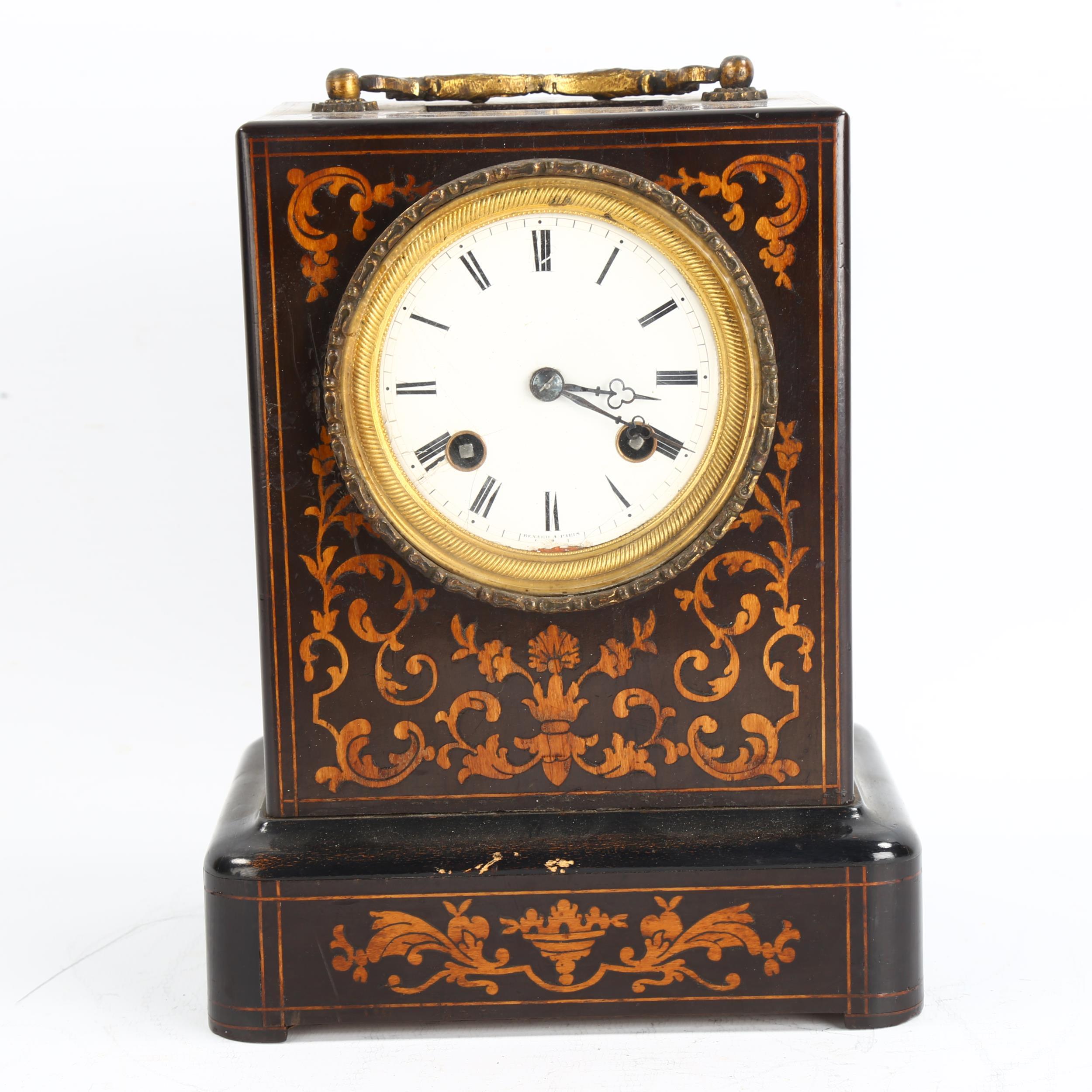 An early 20th century French ebonised and inlaid 8-day mantel clock, white enamel dial with Roman - Image 2 of 10