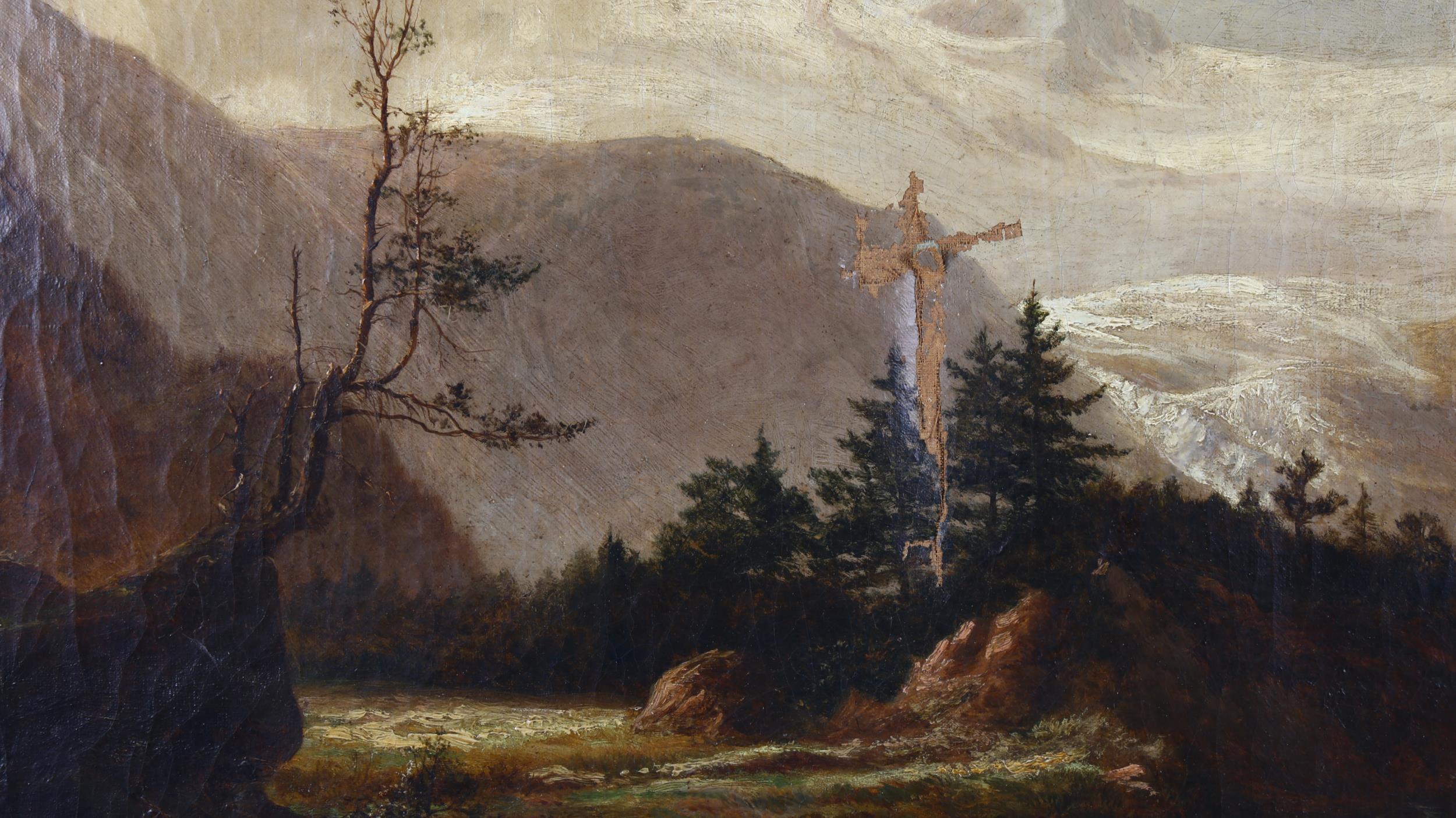 19th century oil on canvas, mountain river landscape, unsigned, 60cm x 100cm, original frame - Bild 2 aus 4