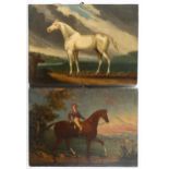 Pair of 18th century oils on thick oak panels, portrait of a racehorse and jockey, and portrait of a