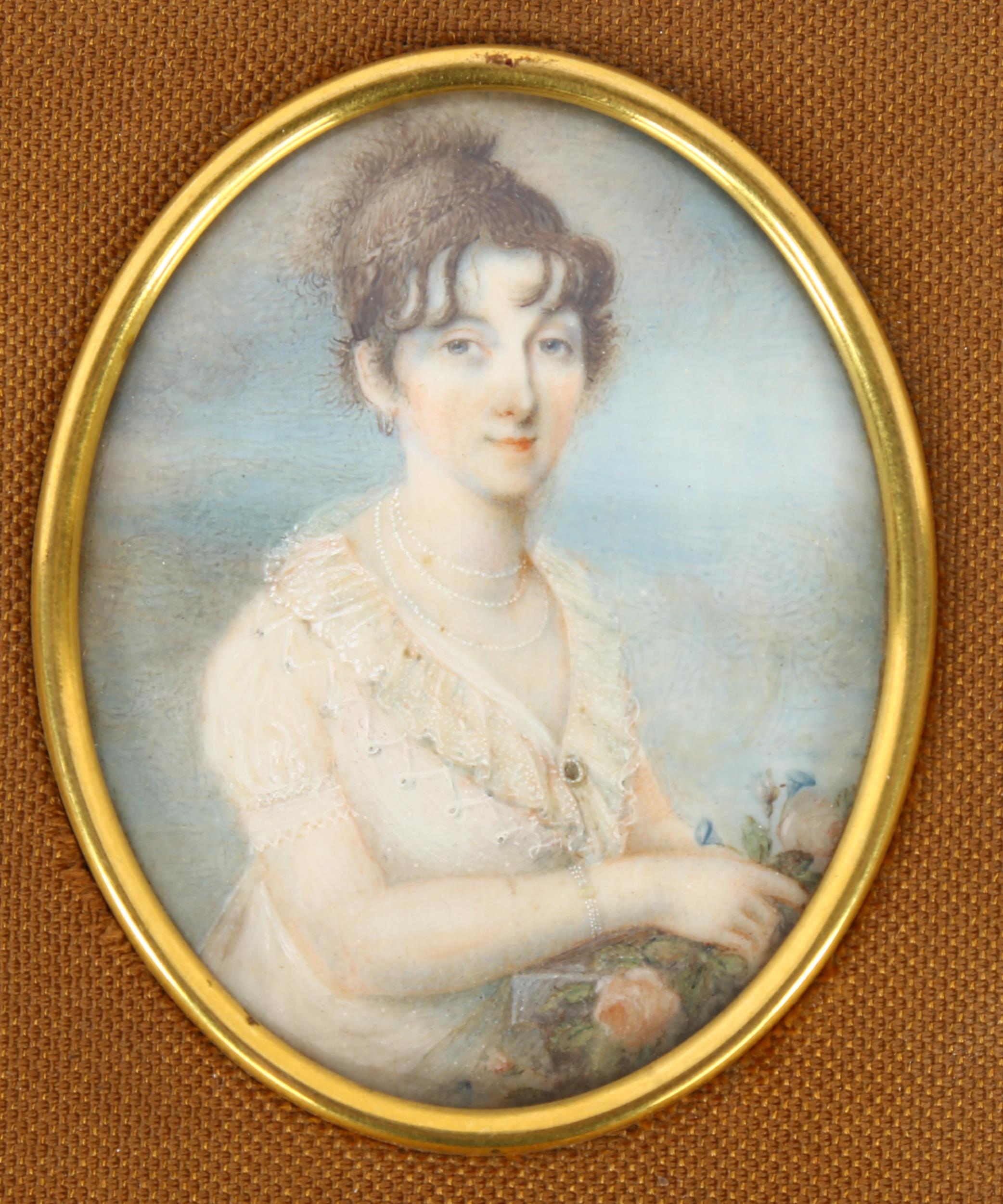 3 x 18th/19th century miniature painted portraits on ivory, all unsigned, brass-mounted fabric- - Image 4 of 4