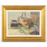 Geoff Hunt RSMA (born 1948), oil on board, moored boats, signed, 26cm x 33cm, framed