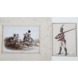 19th century French School, 2 watercolours of military subjects, 17cm x 12cm, mounted