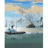 Watercolour/gouache, passenger ship and tugs, circa 1960s, unsigned, 47cm x 37cm, framed