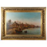 N Caroli, 19th century oil on canvas, Continental harbour scene, signed, 66cm x 103cm, original