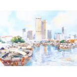 Watercolour, Singapore harbour, indistinctly signed, 27cm x 37cm, framed