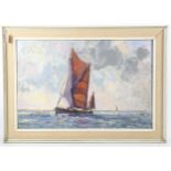 Vic Ellis, oil on board, sailing barge at sea, signed, 50cm x 75cm, framed