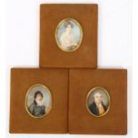 3 x 18th/19th century miniature painted portraits on ivory, all unsigned, brass-mounted fabric-