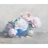 William Thomas Wood (1877 - 1958), peonies and roses, signed with original label verso, 33cm x 40cm,