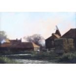 Clive Madgwick, oil on canvas, haymaking Goudhurst, 1984, 18cm x 25cm, framed