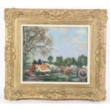 Franklin White (1892 - 1975), oil on panel, cottages and carts at Eastcote, unsigned with label of