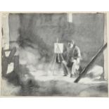 Early 20th century British School monochrome watercolour, artist at work, unsigned, 25cm x 31cm,