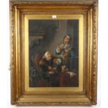 19th century oil on canvas, genre interior scene, the pawnbroker, indistinctly signed Claude