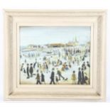 After L S Lowry, contemporary oil on canvas, beach scene, 50cm x 60cm, framed