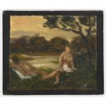 Oil on panel, bathers by a river, unsigned with Studio stamp verso, 16cm x 19cm, unframed