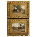 R Ugard, pair of 19th century oils on wood panels, exercising the horses, signed, 26cm x 38cm,
