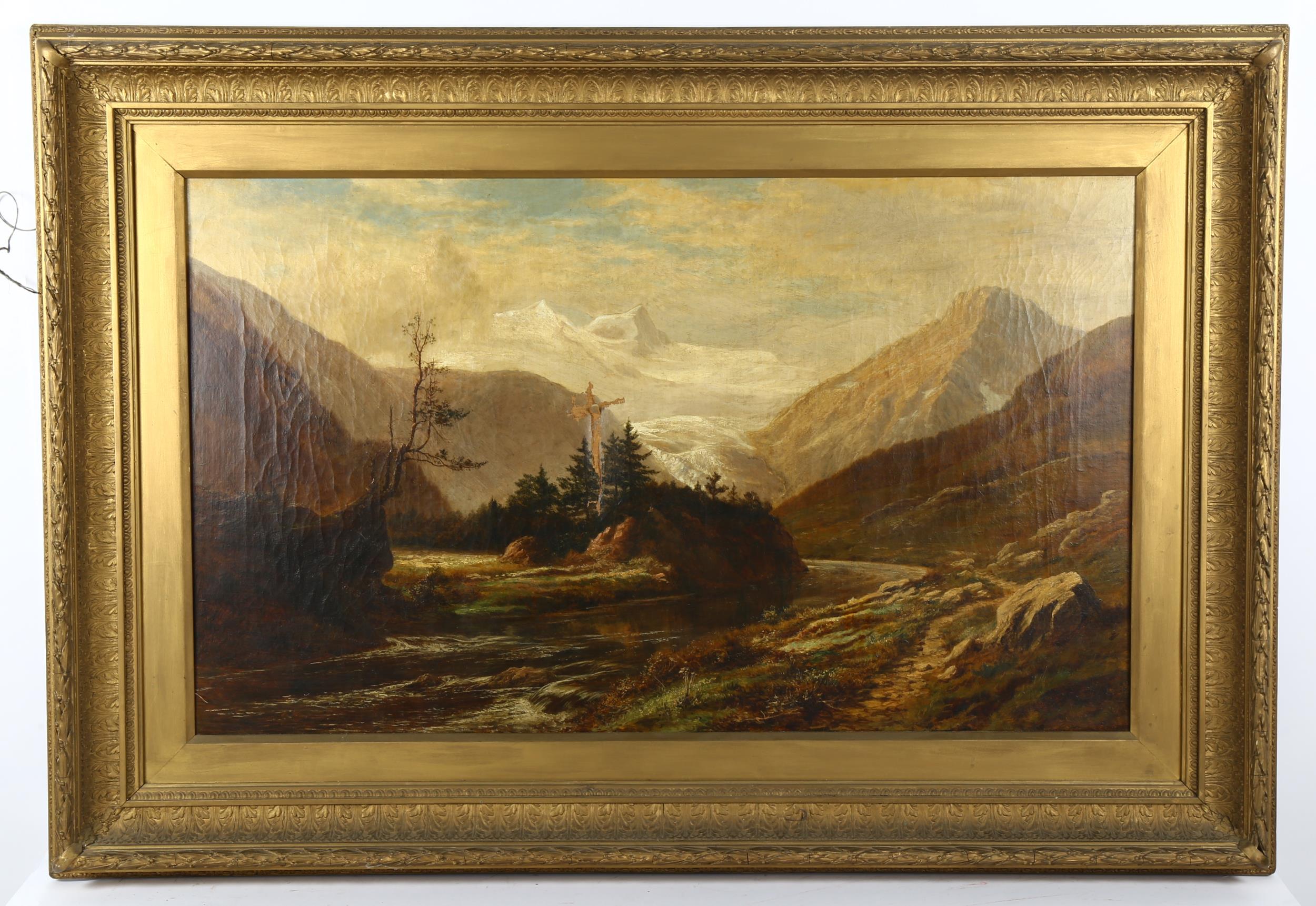 19th century oil on canvas, mountain river landscape, unsigned, 60cm x 100cm, original frame