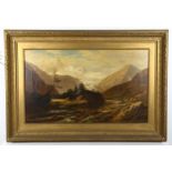 19th century oil on canvas, mountain river landscape, unsigned, 60cm x 100cm, original frame
