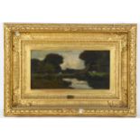 19th century oil on canvas, figure beside a pond, signed with monogram, 18cm x 35cm, framed