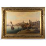 N Caroli, 19th century oil on canvas, Continental harbour scene, signed, 66cm x 103cm, original