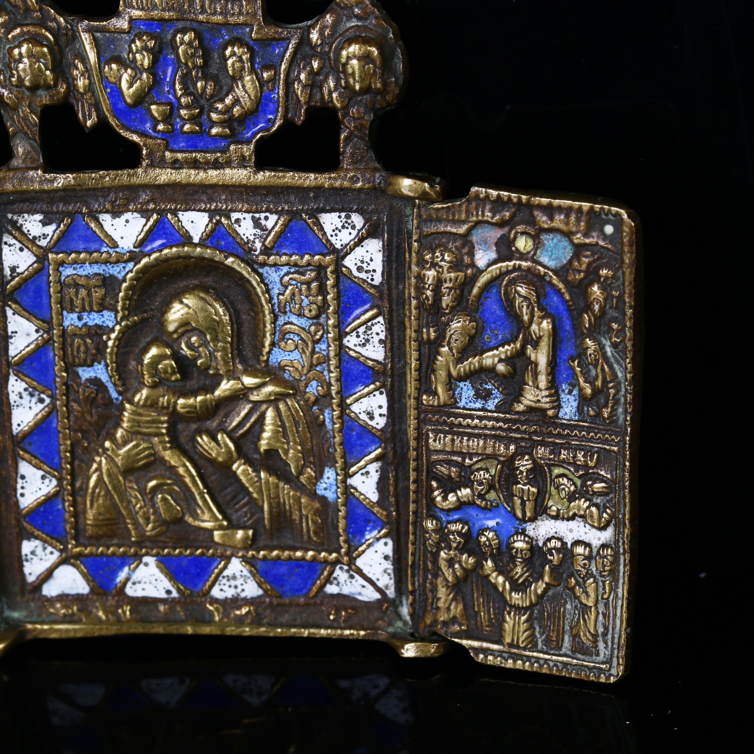 A 19th century Greek bronze and enamel miniature triptych, with 2 front cover door revealing - Image 2 of 3