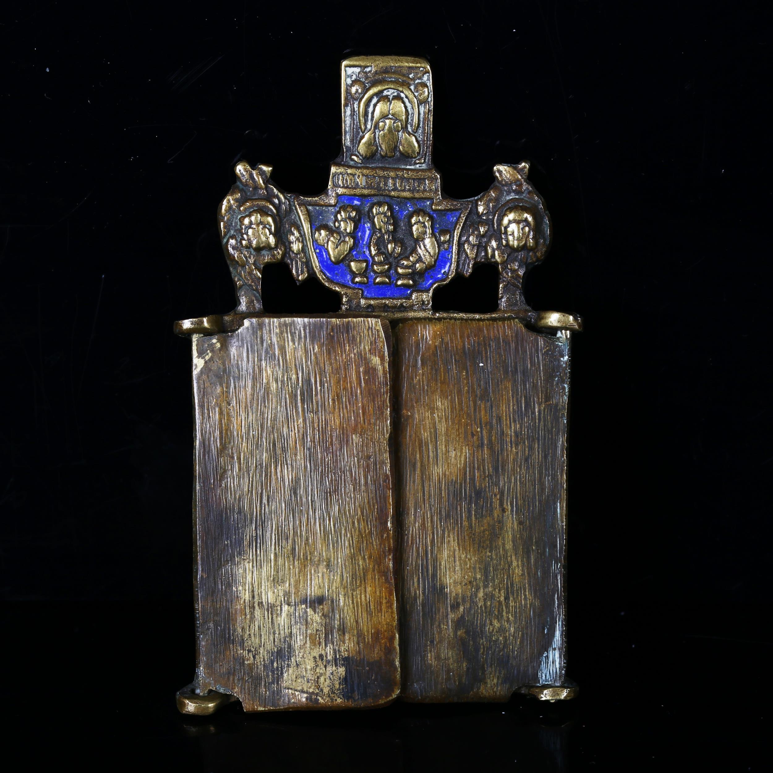 A 19th century Greek bronze and enamel miniature triptych, with 2 front cover door revealing - Image 3 of 3