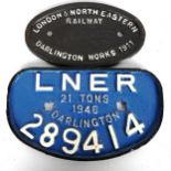 2 original cast-iron railway engine identification plates for LNER Darlington 289414, length 28cm,