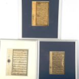 3 handwritten and illuminated pages from the Koran, Persia 1551, India 1751, and Ottoman early