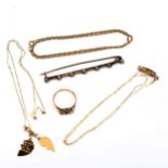 Various jewellery, including rose-cut diamond line bar brooch, 3.7g, 9ct gold ring mount, 1.6g,