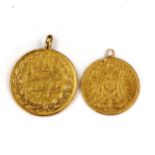 A Turkish gold 100 Kurush coin, 7.3g, and an Austrian Empire Franz Joseph I 1 Ducat gold coin, 3.3g,