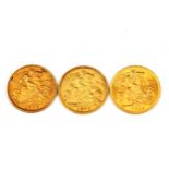 3 gold half sovereign coins, comprising Victoria 1897, Edward VII 1905, and George V 1914, 11.9g