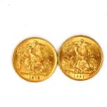 2 George V gold half sovereign coins, comprising 1912 and 1915, 7.9g total (2)