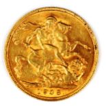 An Edward VII 1908 gold full sovereign coin, 7.9g