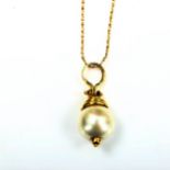 A modern cultured pearl pendant necklace, with unmarked 14ct gold mount and 18ct chain, pendant