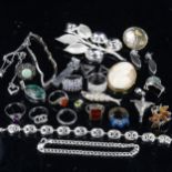 Various silver jewellery, including cameo brooch, rings, bracelet etc, 145g gross Lot sold as seen