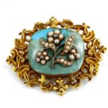 A Victorian unmarked gold pearl enamel and diamond memorial brooch, with floral motif and hair panel