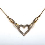 A modern 9ct gold diamond heart necklace, length 42cm, 2.6g No damage or repairs, all stones present
