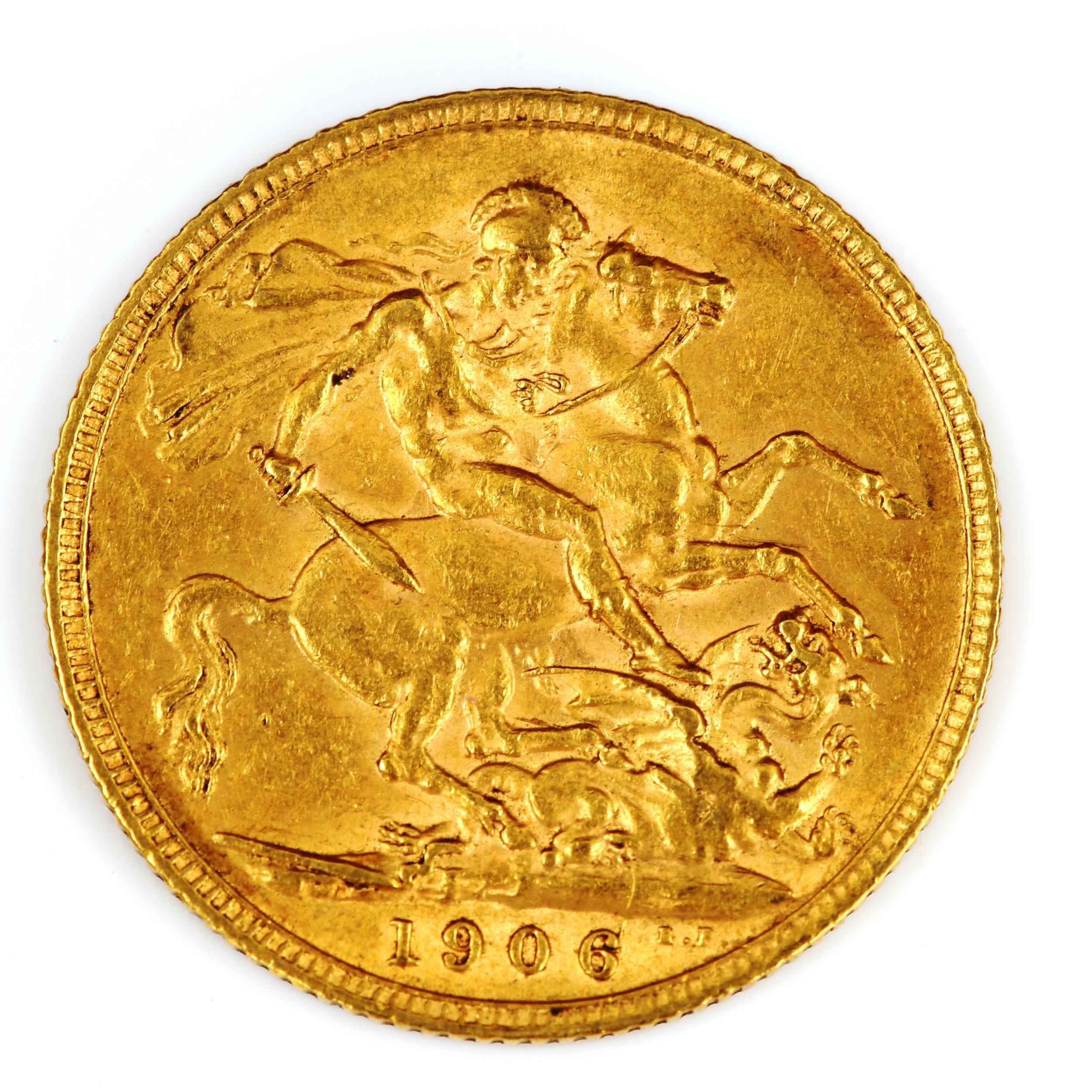 An Edward VII 1906 gold full sovereign coin, 7.9g