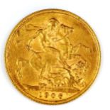 An Edward VII 1906 gold full sovereign coin, 7.9g