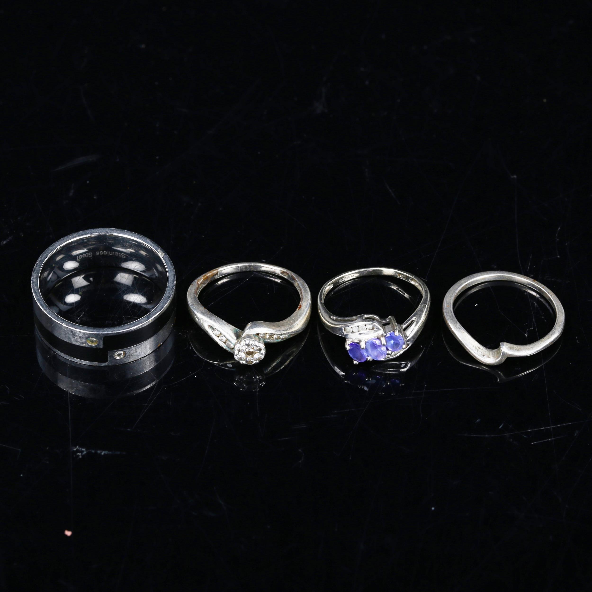 Various rings, including 9ct white gold blue stone crossover, 2g, stainless steel and black enamel - Image 2 of 4