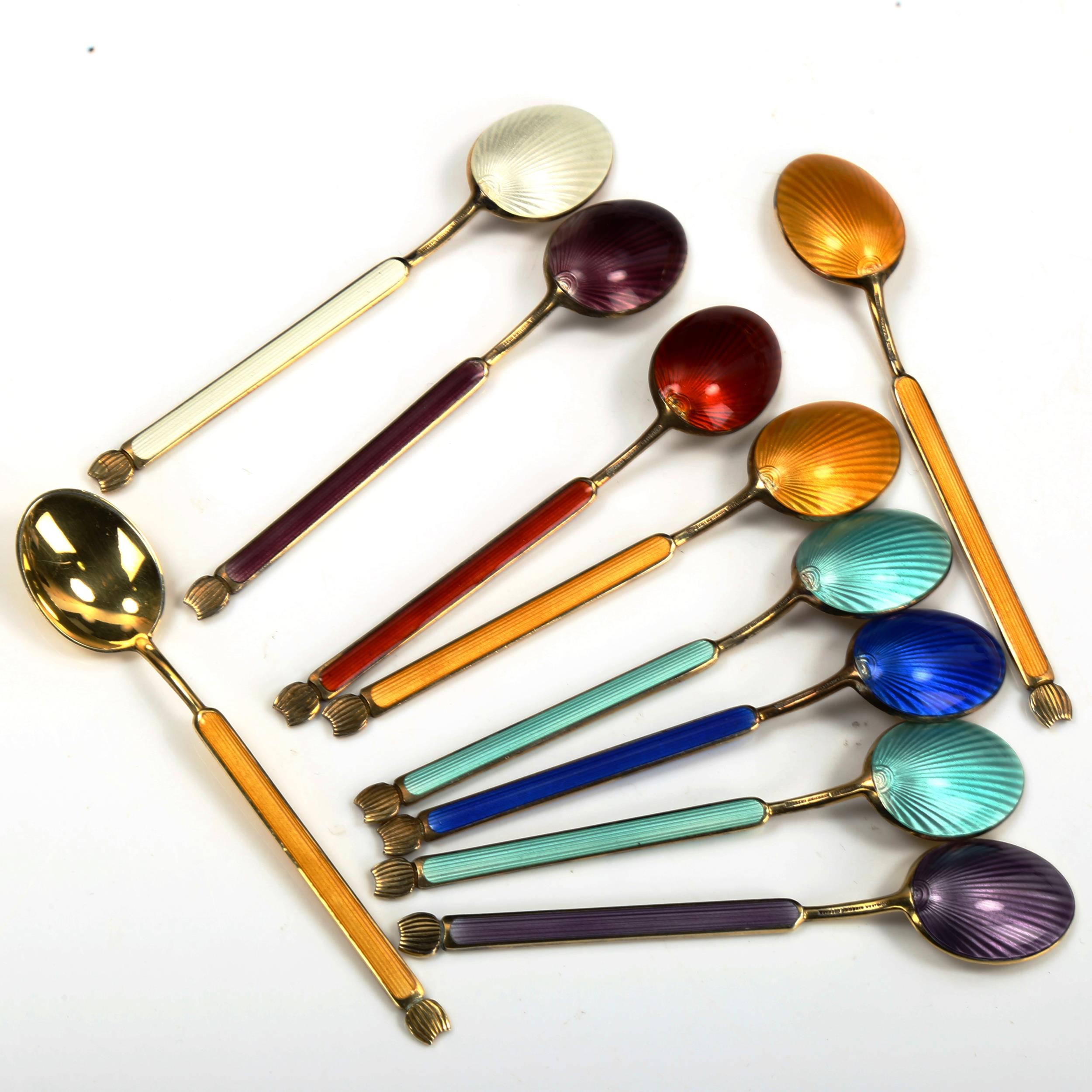 ANTON MICHELSEN - a set of 10 Danish vermeil sterling silver and harlequin enamel coffee spoons, - Image 3 of 4