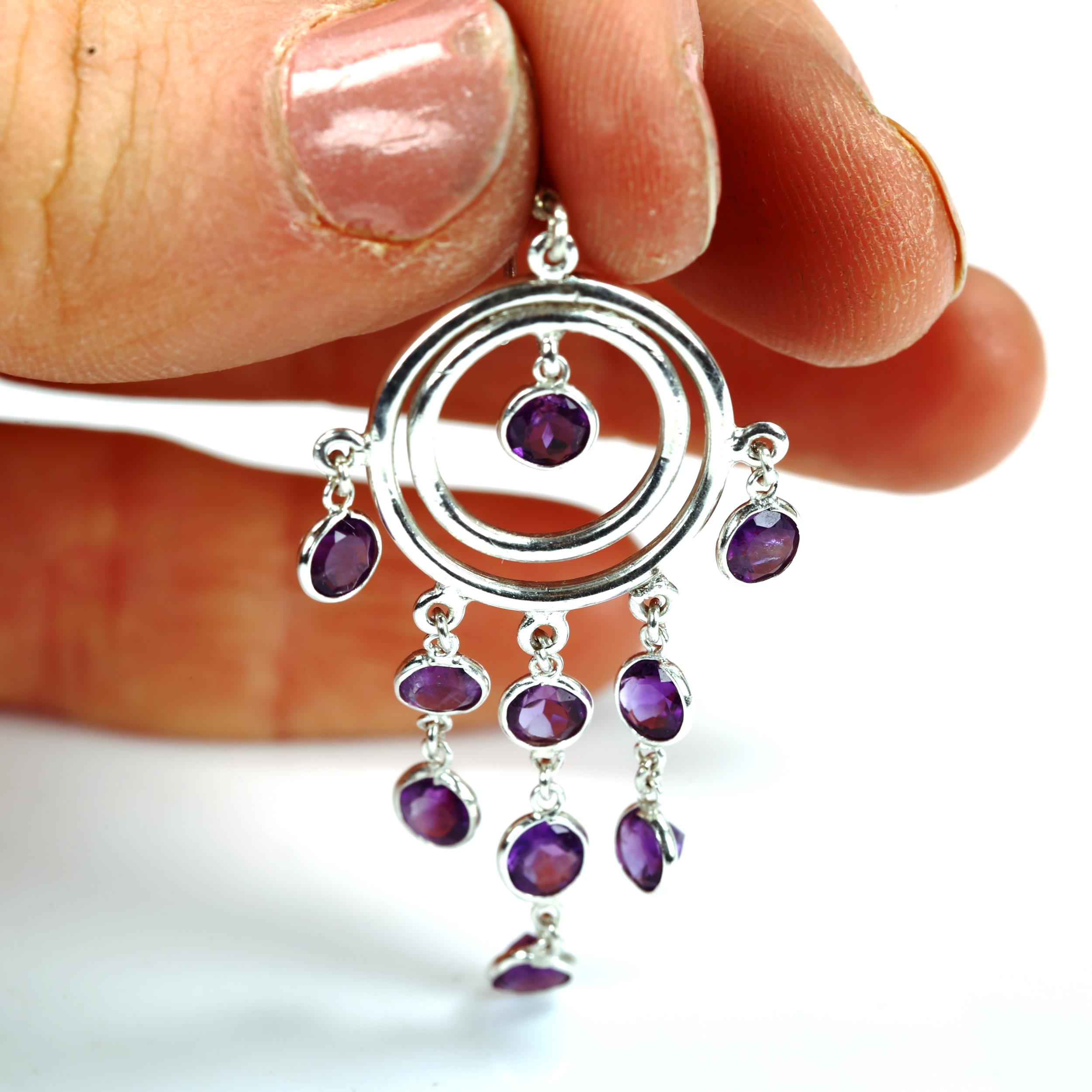 A pair of modern sterling silver and amethyst dream catcher earrings, earring height 56.2mm, 5.8g No - Image 4 of 4
