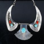 ELLA COWBOY - a Native American Navajo sterling silver turquoise and coral bib necklace, length
