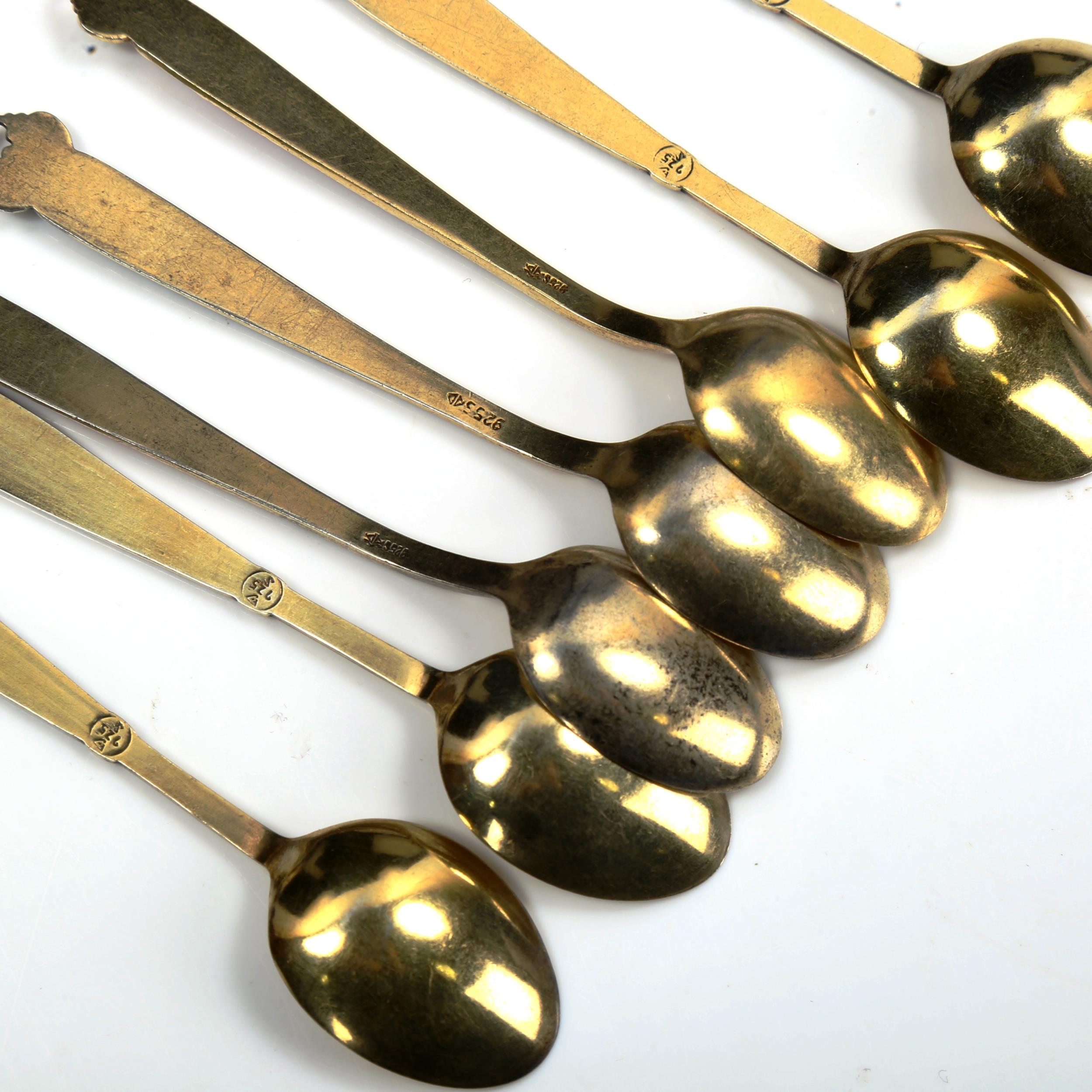 A set of 7 Norwegian vermeil sterling silver and harlequin enamel coffee spoons, length 10cm No - Image 4 of 4