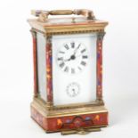 A large Chinoiserie cloisonne enamel brass repeater carriage clock, white enamel dial with Roman