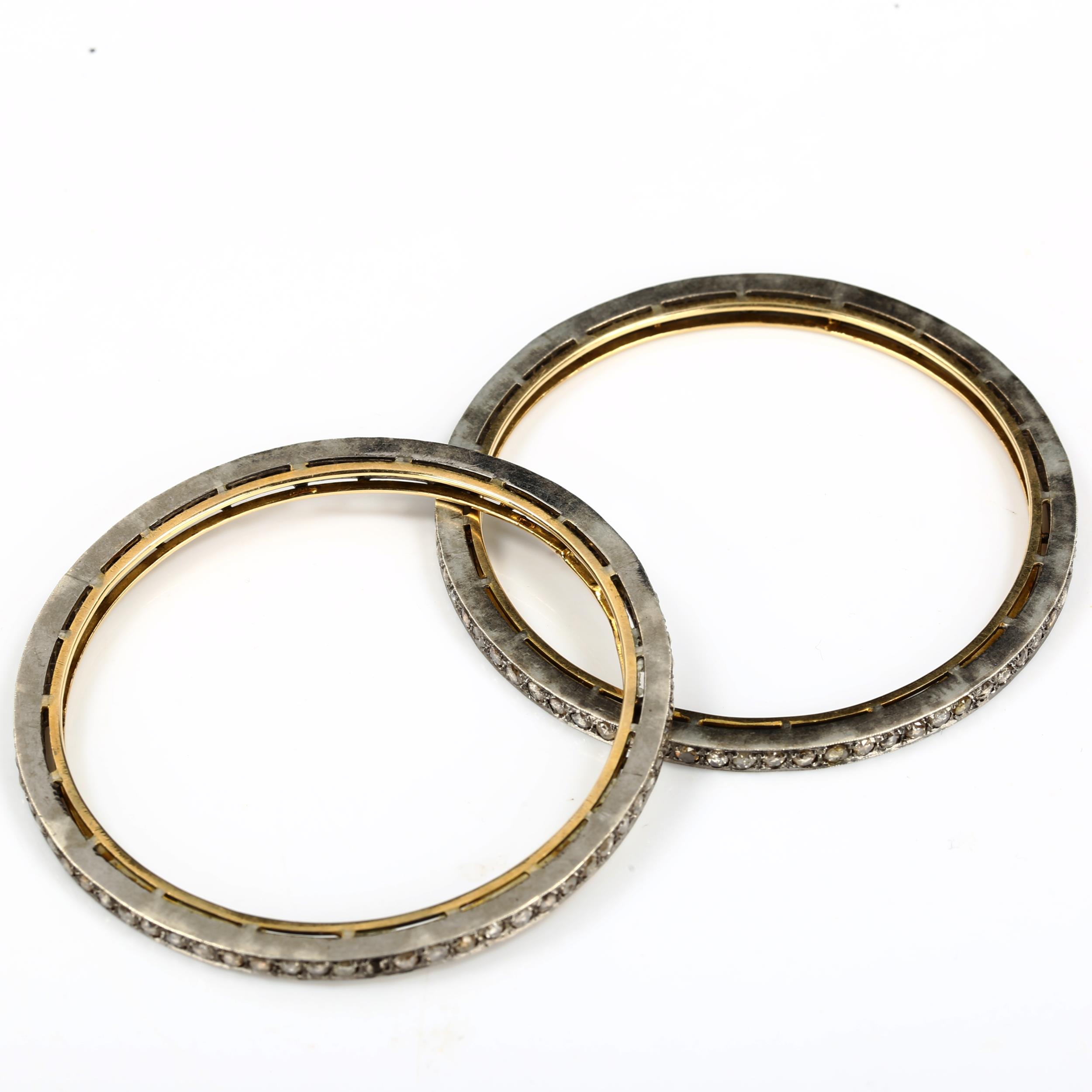 A pair of Indian silver on gold diamond slave bangles, set with rose-cut diamonds, band width 3.6mm, - Image 2 of 4