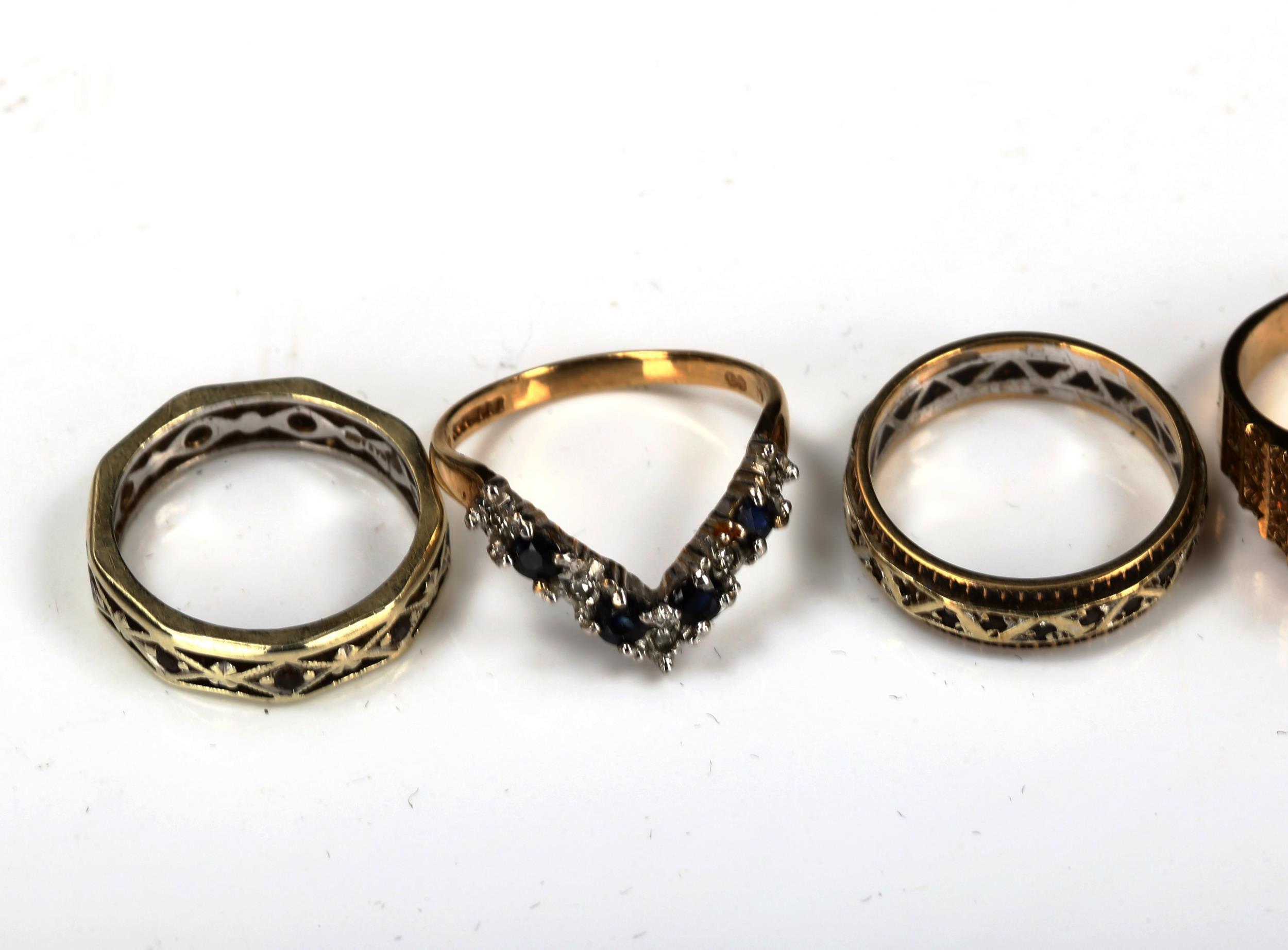 6 stone set rings, comprising 4 x 9ct (11g), 1 x 18ct (2.8g), and 1 x unmarked (3g) (6) No damage or - Image 3 of 4