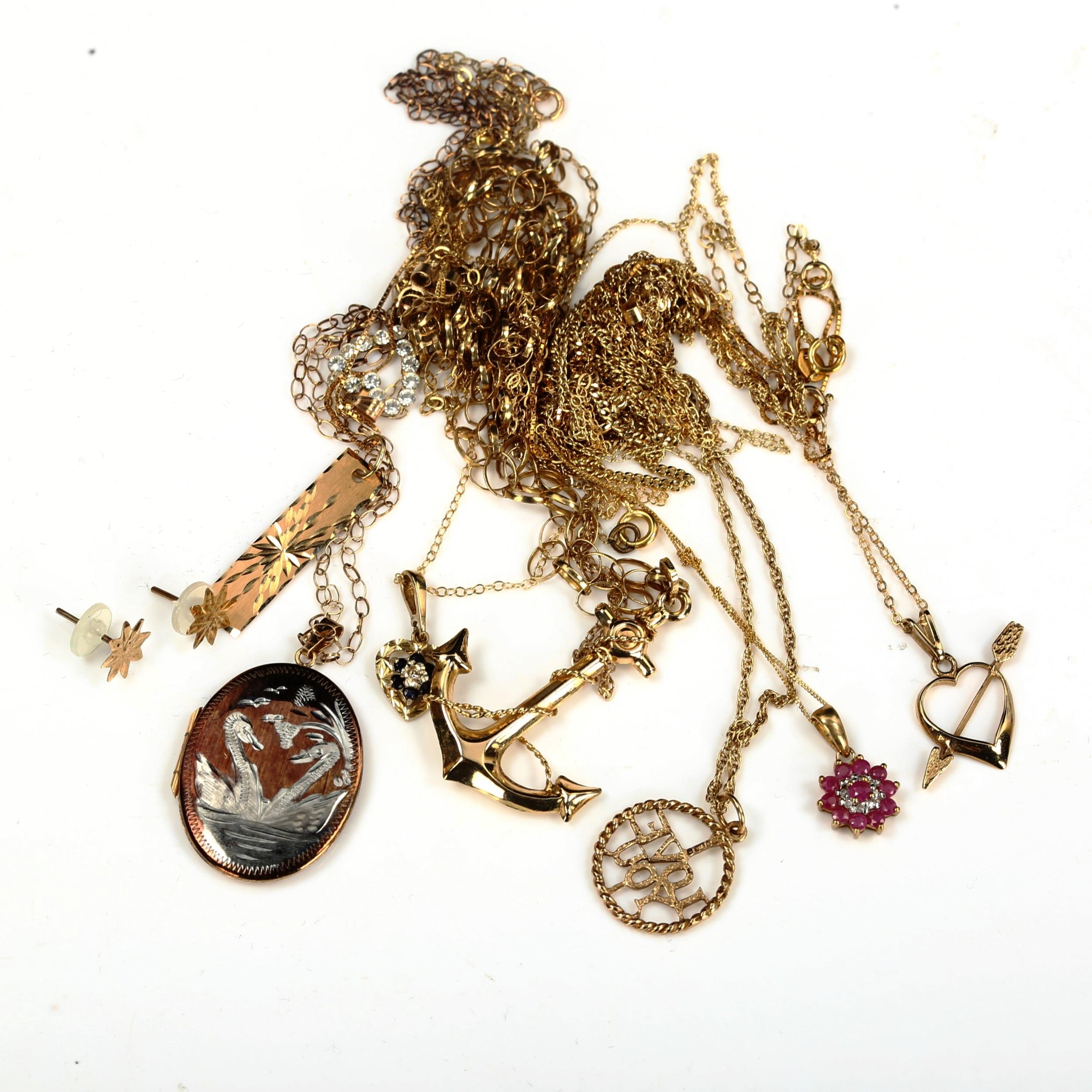 Various 9ct gold jewellery, including anchor pendant, photo locket etc, 23.9g Lot sold as seen