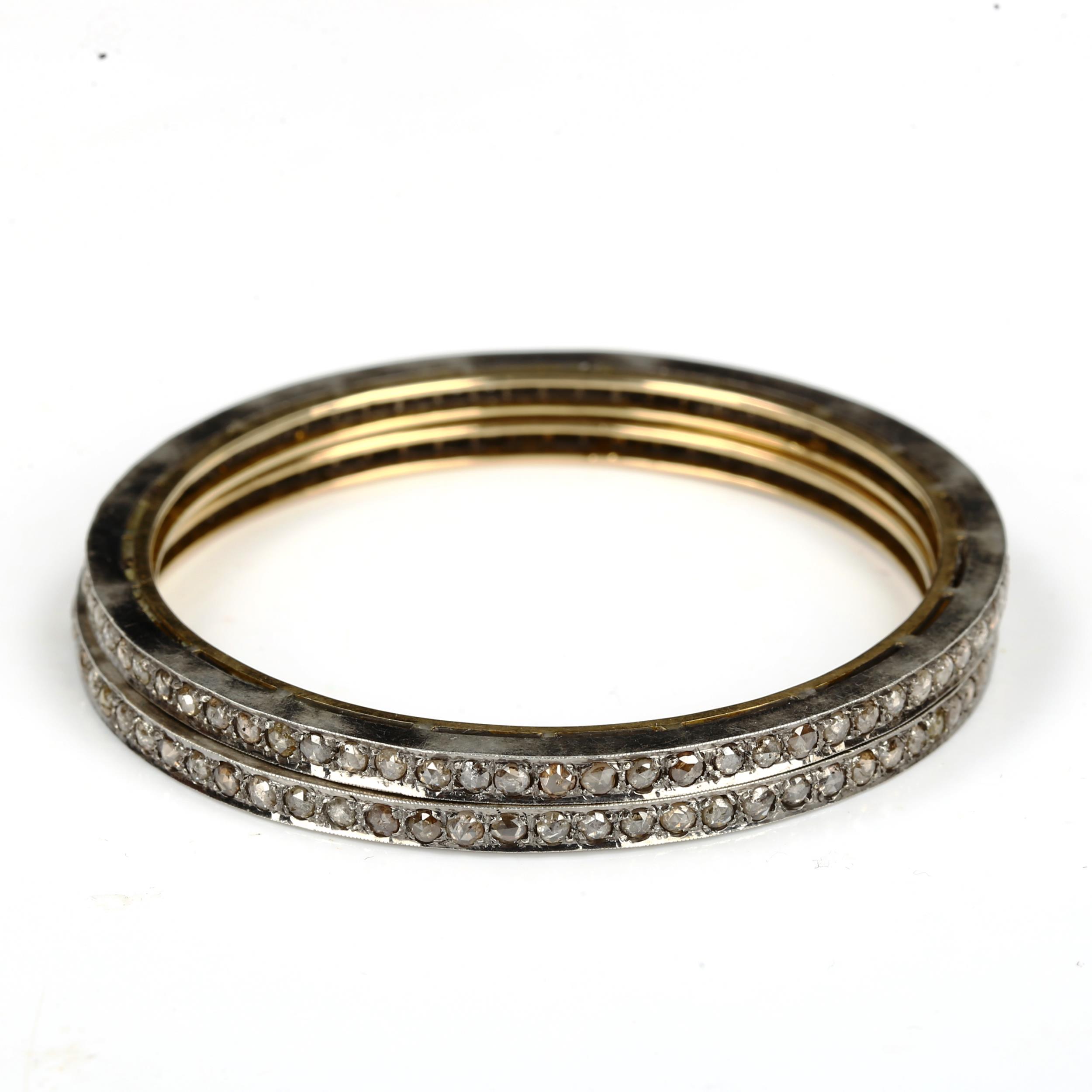 A pair of Indian silver on gold diamond slave bangles, set with rose-cut diamonds, band width 3.6mm, - Image 3 of 4