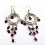 A pair of modern sterling silver and amethyst dream catcher earrings, earring height 56.2mm, 5.8g No
