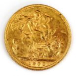 An Edward VII 1908 gold full sovereign coin, 7.9g